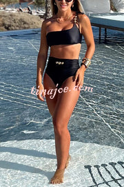 Solid Color One-shoulder High Waist Stretch Bikini Swimsuit