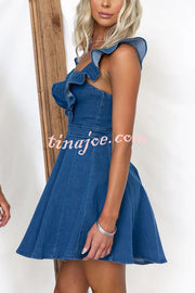 Sweet Secret Denim Square Neck Ruffle Sleeve Stretch Mini Dress