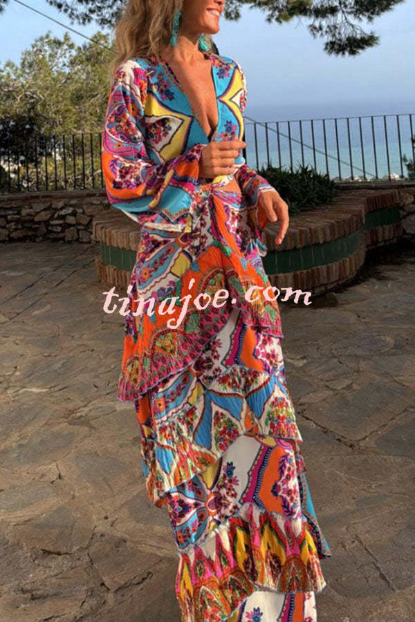 Colorful Day Unique Print Bell Sleeve Cutout Waist Layered Maxi Dress