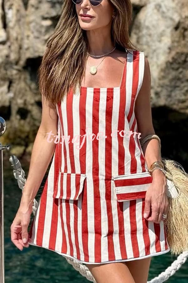 Sunny Views Thick Striped Print Wide Strap Flap A-line Mini Dress