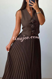 Stylish Rosette Sleeveless Tank Top and Pleated Maxi Skirt Set