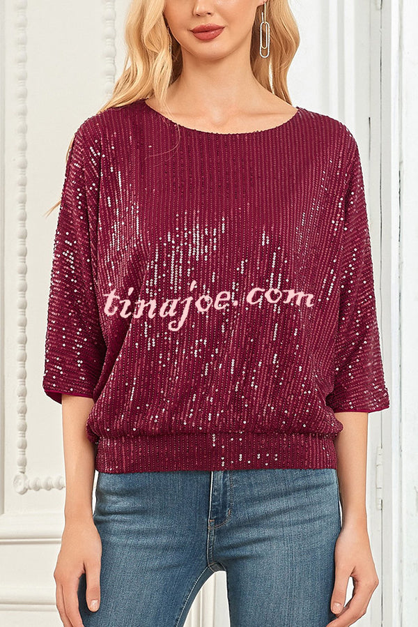 Solid Color Sequined Loose Round Neck Casual Top