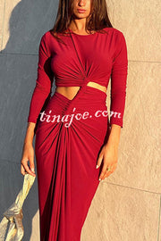 Solid Color Round Neck Long Sleeve Sexy Exposed Waist Slit Maxi Dress