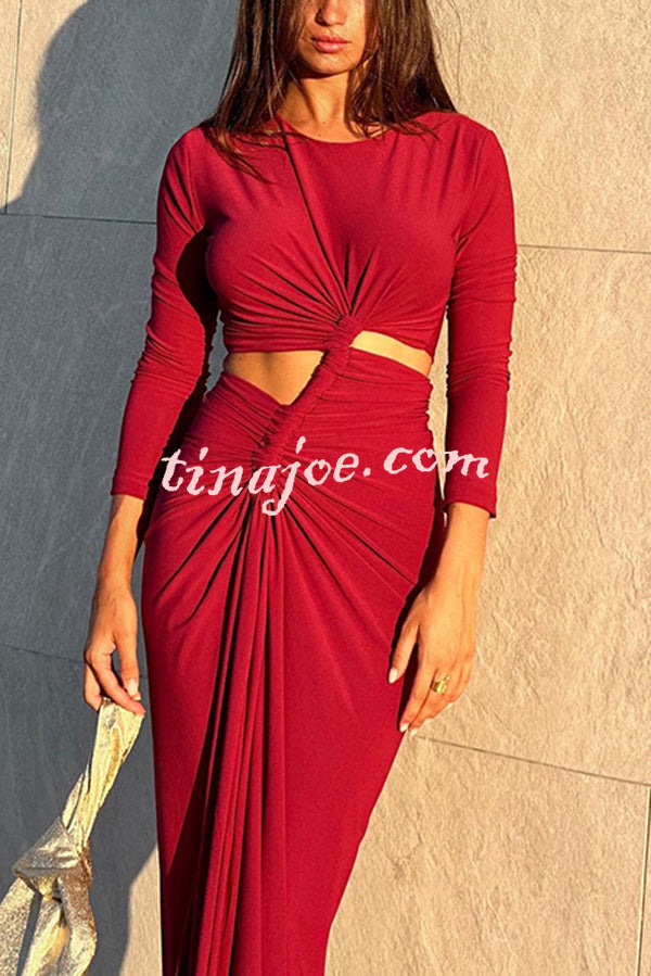 Solid Color Round Neck Long Sleeve Sexy Exposed Waist Slit Maxi Dress