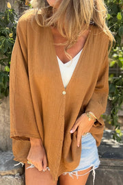 Solid Color V-neck Loose Long-sleeved Button Top