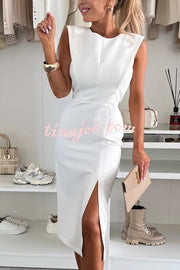 Solid Color Round Neck Sleeveless Slim Fit Slit Midi Dress