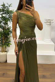 Fashion One-shoulder Pleated Ribbon Slim Slit Maxi Dress