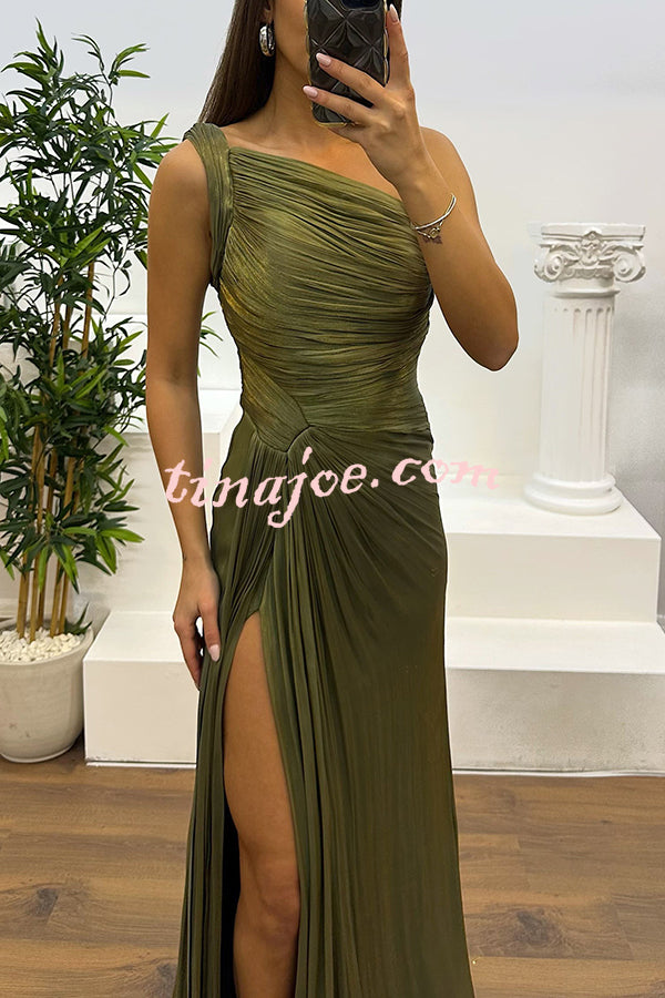 Fashion One-shoulder Pleated Ribbon Slim Slit Maxi Dress