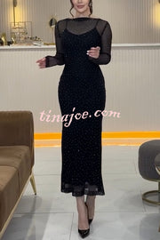 Raylene Mesh Diamond Glitter Fabric Long Sleeve Stretch Midi Dress