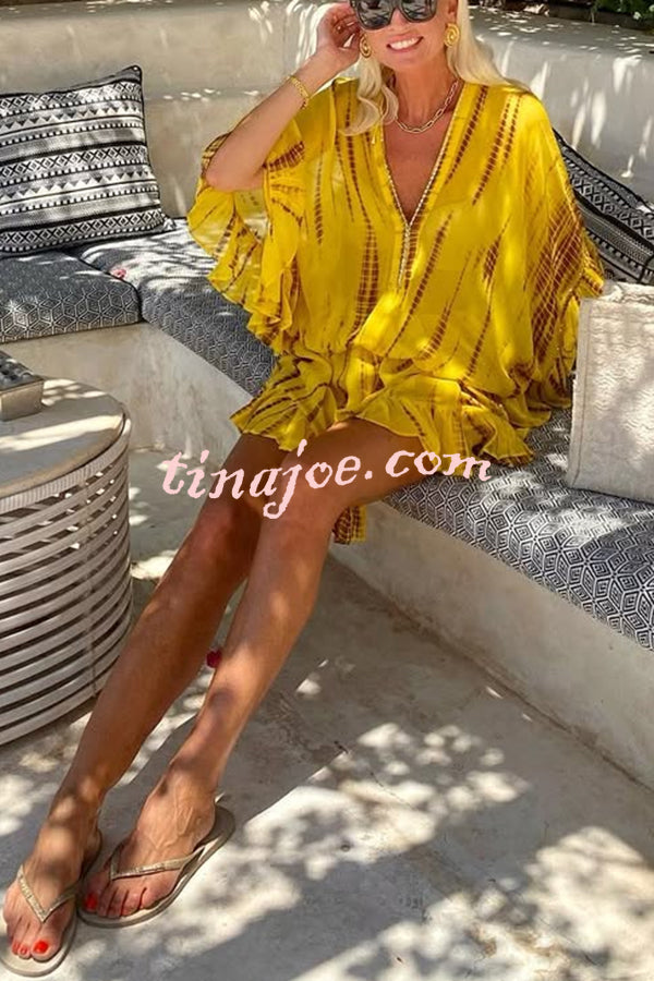 Lemon Flavor Tie Dye Ruffle Batwing Sleeve Elastic Waist Kaftan Mini Dress