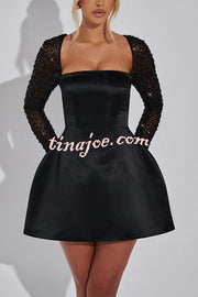 Like A Doll Sequin Long Sleeve Satin Pocketed Bubble Shape Mini Dress