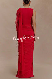 Fashionable Mesh Shawl Sleeveless Slim Fit Pleated Maxi Dress