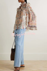 Feeling Dreamy Paisley Print Ruffle Jacquard Bell Sleeve Loose Blouse