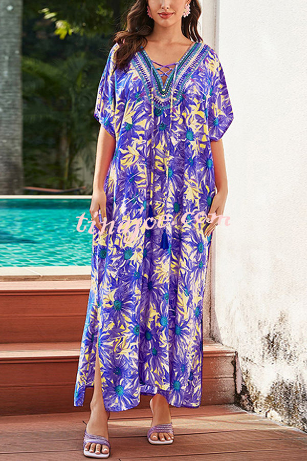 Floral Print V-Neck Lace-Up Loose Holiday Cover-Up Maxi Dress