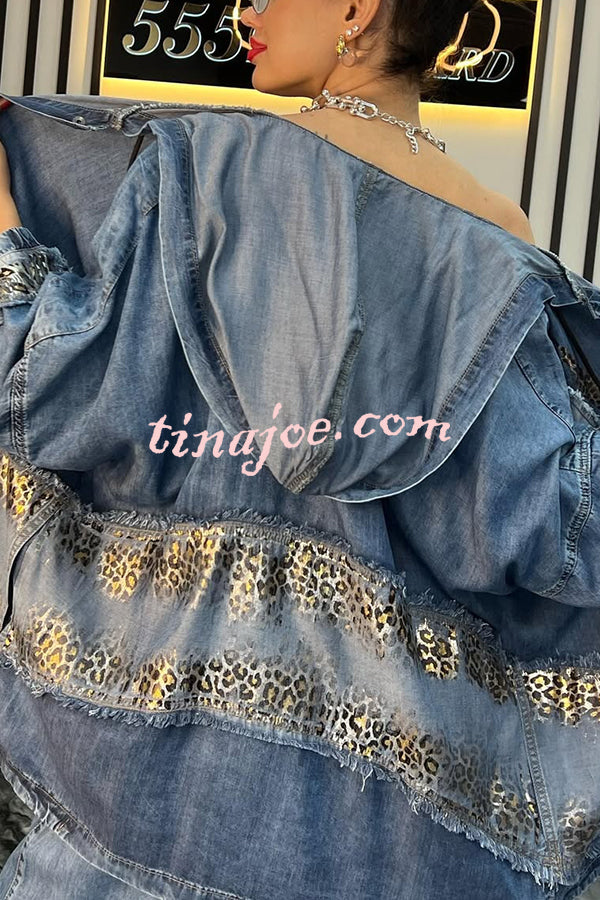 Fashion Loose Hooded Leopard Print Pocket Top and Casual Wide-leg Pants Set