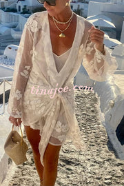 Beach Elegance Floral Lace Long Sleeve Wrap Tie-up Vacation Mini Dress