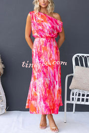 Satin Unique Print One Shoulder Tie Waist Slit Maxi Dress