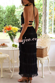 Feel Chic and Romantic Sequin Textured Material Back Elastic Halter Tie Tank and Drawstring Waist Tiered Maxi Skirt Set