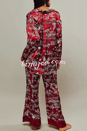 Unique Printed Lounge Long-sleeved Shirt and Elastic Waisted Baggy Pants Set