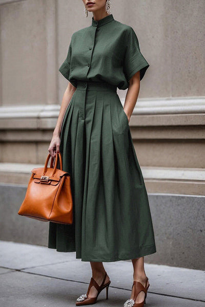 Fashionable Stand-up Collar Short-sleeved Casual Shirt and Pleated Pocket Midi Skirt Set