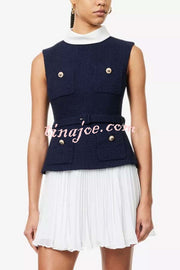 Sporty Elegance Tweed Metal Button Belted Pleated Hem Mini Dress