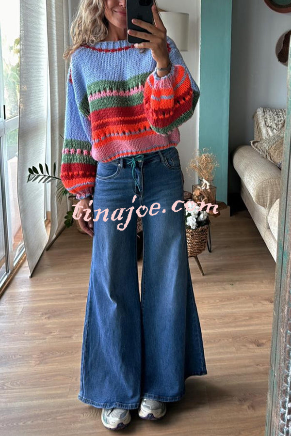 Rainbow Mood Multicolor Round Neck Hollow Long Sleeve Knitted Sweater