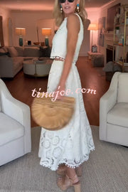 Nice Try Embroidered Crochet Lace Tassle Trim Elastic Waist Midi Skirt