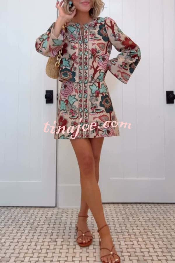 Autumn Garden Printed V-neck Long Bell Sleeve Top and Mid Rise Skirt Set
