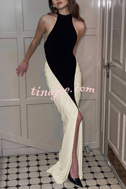 Fashionable Contrast Color Open Back Side Pleated Draped Maxi Dress