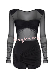 Sexy Mesh See-through Long-sleeved Backless Pleated Rompers