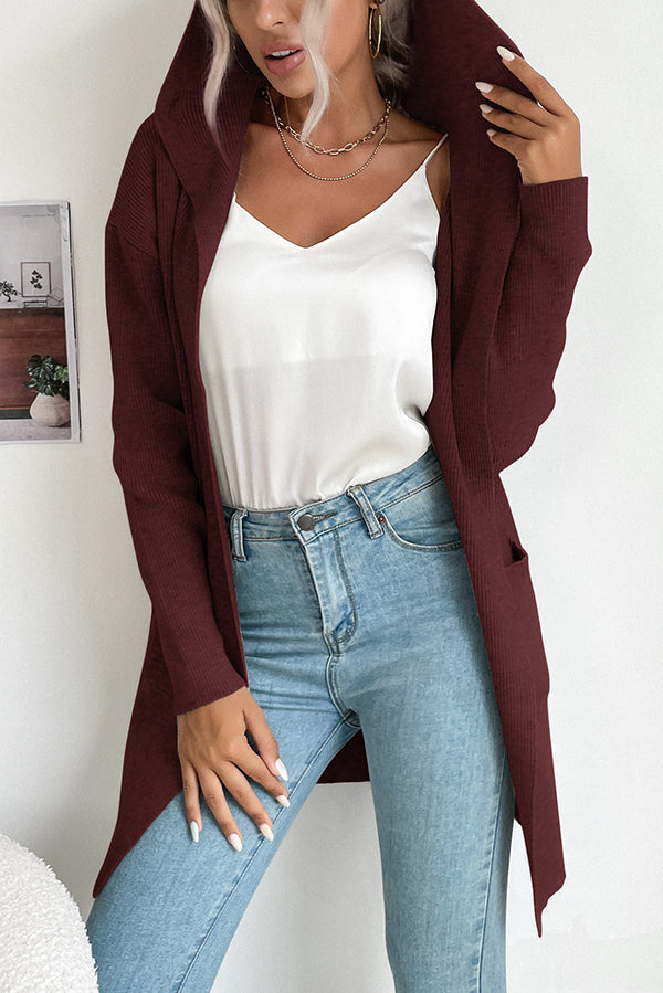 Solid Color Casual Pocket Hooded Long Sleeve Knitted Cardigan