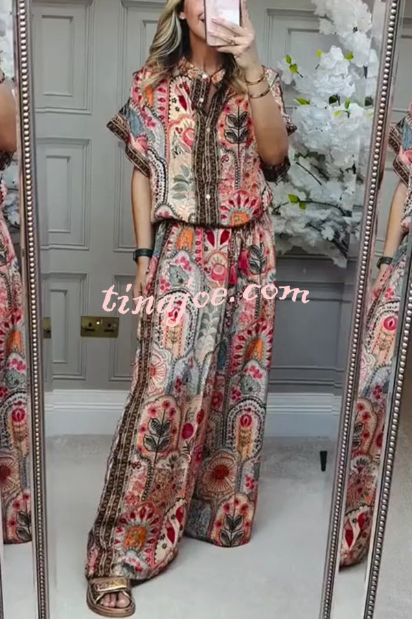 Unique Printed Loose Short-sleeved Top and Elastic Waist Casual Wide-leg Pants Set