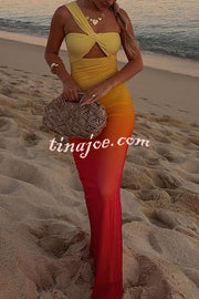 Dreamy Sunset Mesh Ombre Print One Shoulder Cutout Stretch Maxi Dress