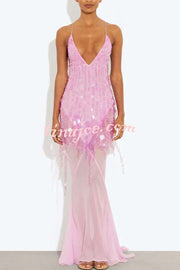 Perfect Night Sequin Embroidery Backless Drape Tulle Hem Slip Maxi Dress