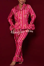 Festive Season Long Candy Stripe Tiered Bell Cuffs Elastic Waist Pocketed Pajama Set
