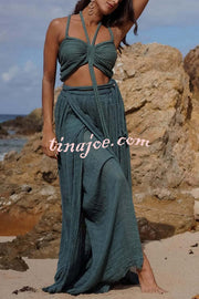 Elouise Linen Blend Draped Braids Crop Tank and Wrap Tie-up Slit Maxi Skirt Set