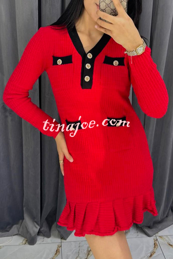 Stylish Waffle Contrast V-neck Ruffled Knitted Mini Dress