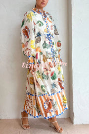 Hopeful Moments Tropical Fruit Print Balloon Sleeve Patchwork Shirt Midi Dress