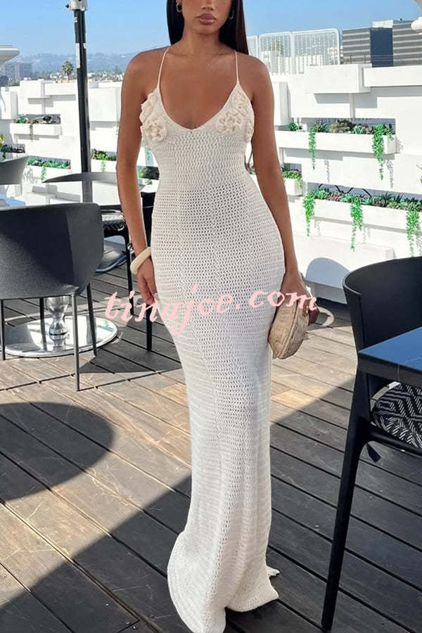 Olivia Crochet Knit Rose Texture Backless Stretch Maxi Dress