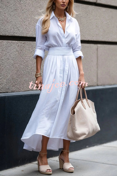 Solid Color Lapel Long Sleeve Casual Waist Midi Dress