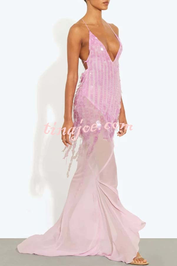 Perfect Night Sequin Embroidery Backless Drape Tulle Hem Slip Maxi Dress