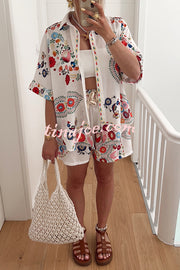 Linen Blend Floral Print Short Sleeve Loose Shirt and Elastic Waist Tie Casual Shorts Set