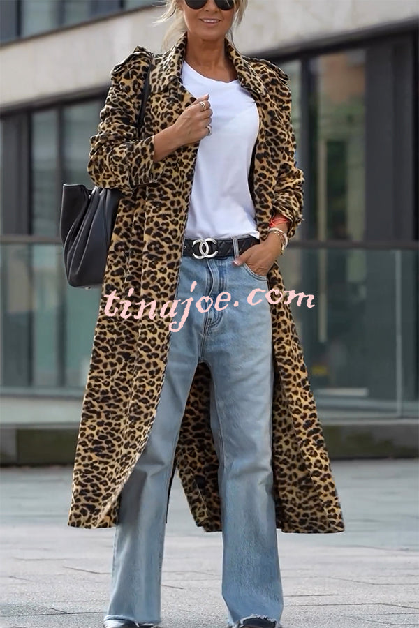 Be Free Velvet Leopard Print Long Sleeve Loose Midi Trench Coat