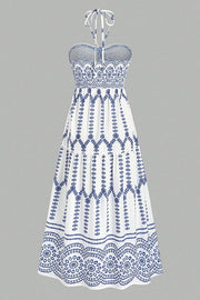 Bohemian Holiday Style Unique Print Halter Neck Tie Slit Midi Dress