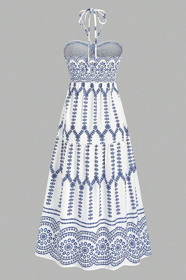 Bohemian Holiday Style Unique Print Halter Neck Tie Slit Midi Dress
