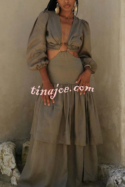 Santos Linen Blend Metal Ring Balloon Sleeve Cutout Waist Layered Dress