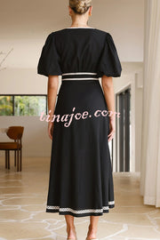 Fashionable Contrasting Color Edge V-neck Puff Sleeve Midi Dress