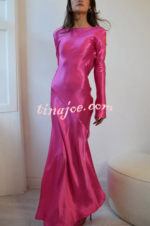 Satin Elegant Long-sleeved Open-back Slim-fit Slit Maxi Dress