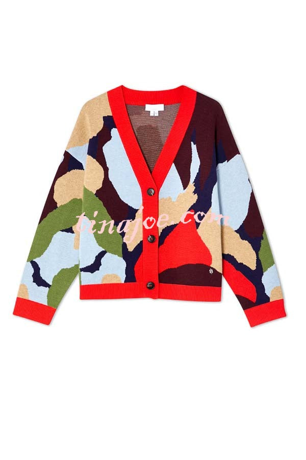 Bright and Bold Knit Abstract Color Blocks Button Long Sleeve Loose Cardigan