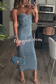 Cutie Denim Rosette Detail Corset Off Shoulder Stretch Maxi Dress